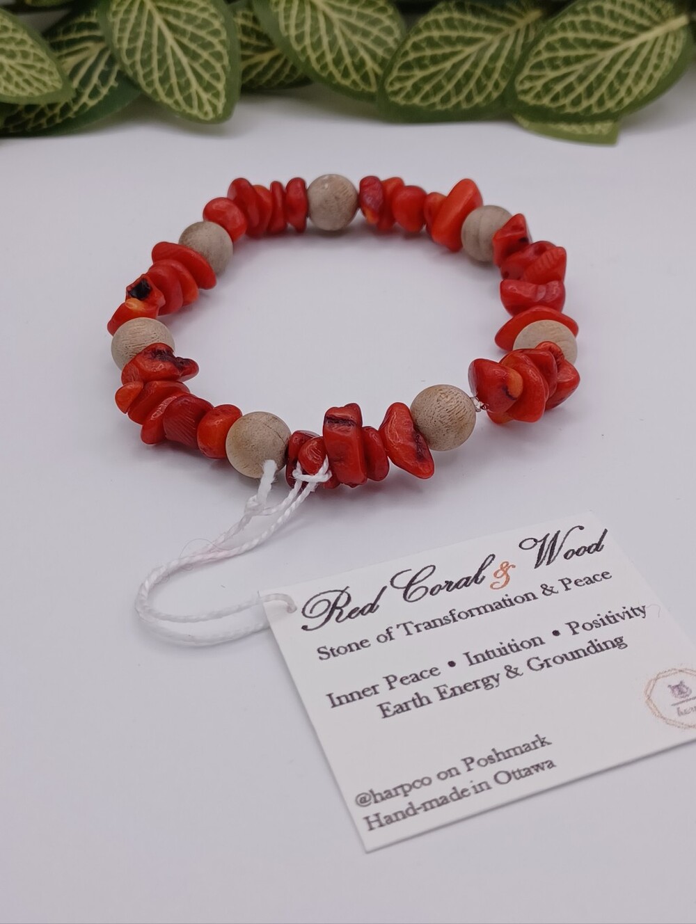 Red Coral And Wood Healing Crystal Stretch Bracelet